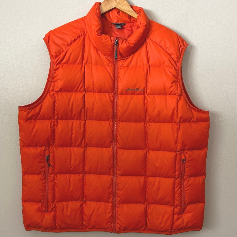Eddie Bauer Puffer Vest Men 2XL Orange EB700 Goose Down Quilted Full Zip Winter
